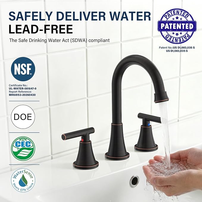 Bathroom Faucet 3 Hole, ORB Faucets with Pop-up Drain and Supply Lines | Hurran Stainless Steel Lead-Free Widespread Bathroom Sink Faucet for Vanity RV Restroom Laundry Outdoor Utility Sink