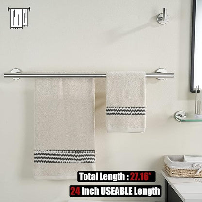 JQK Double Towel Bar 27 Inch, Brushed Steel Useable Length 24 Inch 304 Stainless Steel Thicken 0.8mm Bath Towel Rack for Bathroom, Towel Holder Wall Mount 2 Pack, TB100L24-BN-P2