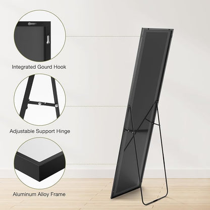 DUMOS Black Full Length Mirror with Stand, 59''x16.5'' Floor Mirrors with Aluminum Alloy Frame for Bedroom, Standing Full Body Mirror with Shatter-Proof Glass for Wall, Living Room, Cloakroom