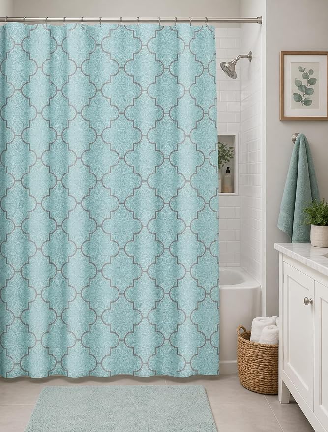 Serafina Home Geometric Aqua Fabric Shower Curtain, Blue Grey Damask Moroccan Design, 70x72 Inch, with 12 Rollerball Hooks