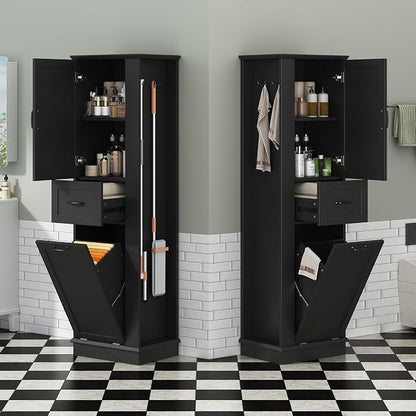 Merax 68" Bathroom Storage Cabinet with One Door, One Drawer and Laundry Hamper, Left or Right Orientation Available, Adjustable Shelf, Black