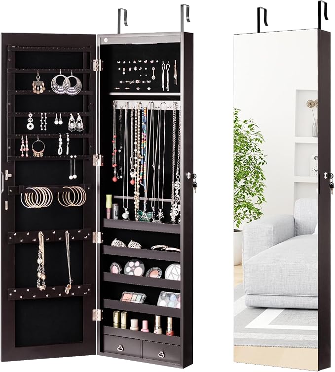 LOKO Mirrored Jewelry Armoire, Wall/Door Mounted Jewelry Cabinet with Full-Length Mirror, Lockable Jewelry Storage Organizer with 2 Drawers & 2 LED Lights, for Girls Women Gift Bedroom (Espresso)