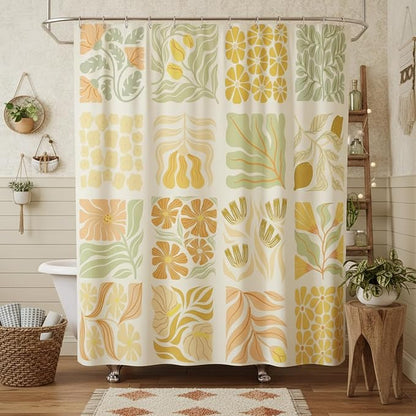 JAWO Cute Boho Floral Shower Curtain, Vintage Yellow Abstract Floral Retro Aesthetic Shower Curtain for Bathroom, Funky Unique Waterproof Fabric Polyester Bath Curtains Decor with Hooks,70Wx75H