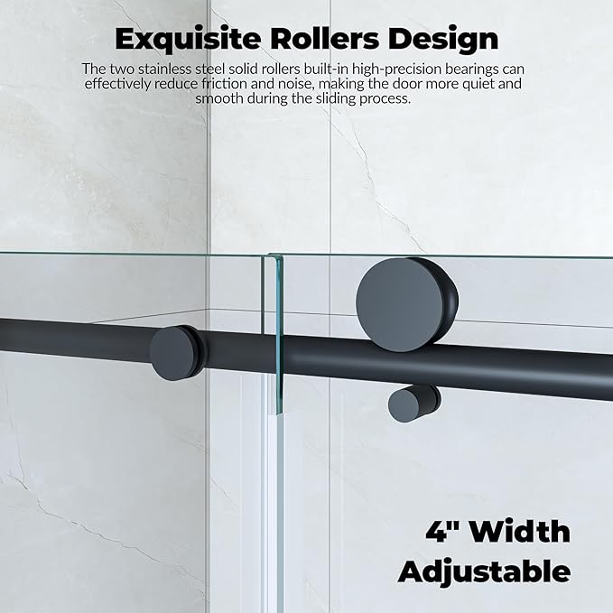 Sliding Shower Door 56-60 inch W×76 inch H, Stainless Steel Round Tube Track, 8mm Tempered Glass, One Fixed & One Sliding Panel, Matte Black Finish, Frameless Bathroom Door for Walk-in Shower