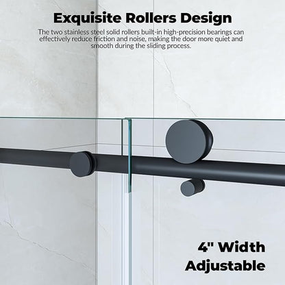 Sliding Shower Door 56-60 inch W×76 inch H, Stainless Steel Round Tube Track, 8mm Tempered Glass, One Fixed & One Sliding Panel, Matte Black Finish, Frameless Bathroom Door for Walk-in Shower
