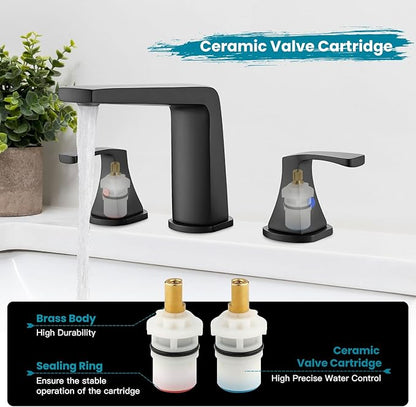 gotonovo Bathroom Sink Faucet 3 Holes 2 Handles Widespread 8 Inch Bathroom Faucet with Pop Up Drain Hot Cold Water Supply Lines Lavatory Vanity Mixer Tap, Thin Style, Matte Black