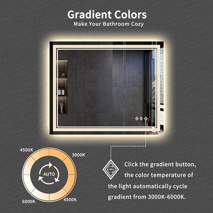 LED Mirror, 44x36 Inch Gradient Front and Backlit Lighted Mirror, 3 Colors Dimmable CRI>90 Double Lights, IP54 Enhanced Anti-Fog, Hanging Plates Bathroom Mirror with Lights