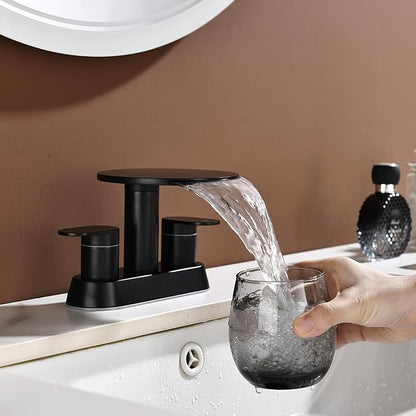 Matte Black Bathroom Sink Faucet, 4 Inch Waterfall Centerset | 3 hole bathroom faucet, two handle vanity fixture, round storage shelf, metal pop-up drain, vanity remodel installation