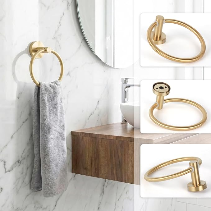 Brushed Gold 5-Piece Bathroom Hardware Set, Bathroom Accessories Set | SUS304 Stainless Steel, 24 inch Towel Bar, Towel Racks for Bathroom, Toilet Paper Holder Wall Mounted, Robe Towel Hooks