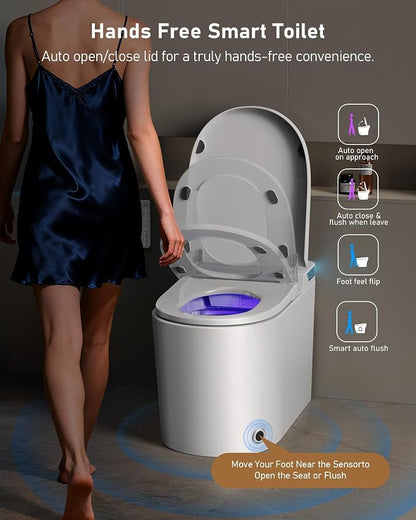 Smart Toilet with Bidet Built-in: Bidet Toilet with 5L Tank, Dual Flush | Auto Flush Lid&Seat, Powerful Modern Toilet with Instant Warm Water, Dryer, Foot Sensor, Foam, Heated Seat, UV-C Night Light