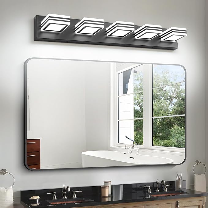 SOLFART LED Bathroom Lighting Fixtures - 5 Lights Modern Matte Black Acrylic Vanity Lights for Mirror 32inch 24W