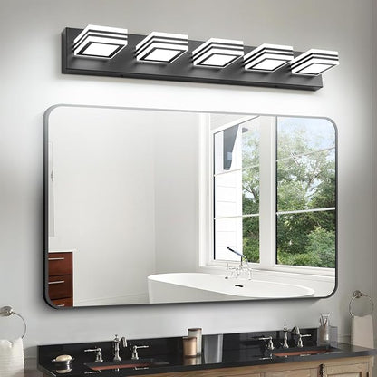 SOLFART LED Bathroom Lighting Fixtures - 5 Lights Modern Matte Black Acrylic Vanity Lights for Mirror 32inch 24W