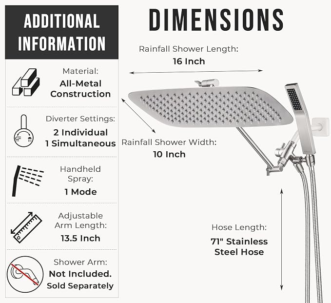G-Promise All Metal 16" Rain Shower Head with Handheld for Bathroom Upgrade | All Metal, Built to Last, Easy Install, Adjustable Height & Angle for All Heights, Extra Long Hose, Modern Upgrade
