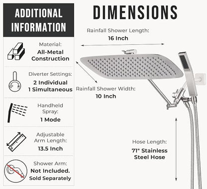 G-Promise All Metal 16" Rain Shower Head with Handheld for Bathroom Upgrade | All Metal, Built to Last, Easy Install, Adjustable Height & Angle for All Heights, Extra Long Hose, Modern Upgrade
