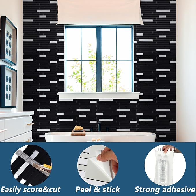 Yipscazo 20 Sheets Peel and Stick Stone Metal Backsplash, PVC Wall Tiles Stick on Tiles for Backsplash Kitchen, Bathroom, Fireplace (6'' X 12'', Black)