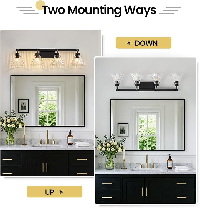 AIJIASI 4-Light Bathroom Light Fixtures 34 Inch Matte Black Vanity Lights for Bathroom with Ribbed Glass Shade Modern Bath Vanity Lighting Fixtures Wall Sconce