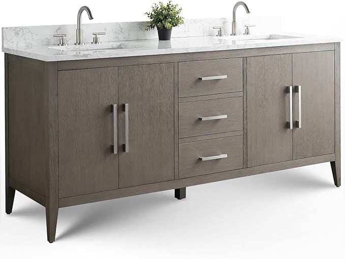 Vanity Art 72 inch Bathroom Vanity with Double Sink & Ceramic Top, Vanity Cabinet with Soft-Closing Doors, Drawers, Solid Wood Frame, Driftwood Gray, Brushed Nickle Handware