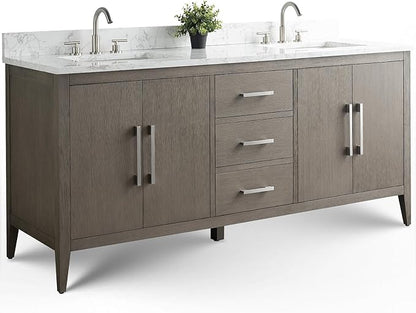 Vanity Art 72 inch Bathroom Vanity with Double Sink & Ceramic Top, Vanity Cabinet with Soft-Closing Doors, Drawers, Solid Wood Frame, Driftwood Gray, Matte Black Handware