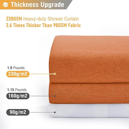 54x78 Linen Textured Waterproof Fabric Shower Curtain, Burnt Orange | Narrow Long Size, 230GSM Polyester, Heavy Duty Cloth, Weighted Hem, 10 Hooks, Modern Luxury Hotel Style, Machine Washable