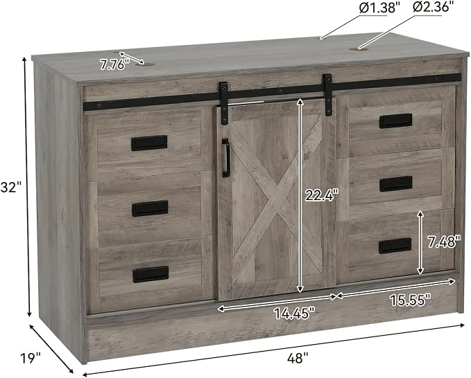 48" Barn Door Bathroom Vanity with 6 Drawers, Farmhouse Style Standing Pedestal Cabinet with Two Silver Boat Glass Vessel Sinks