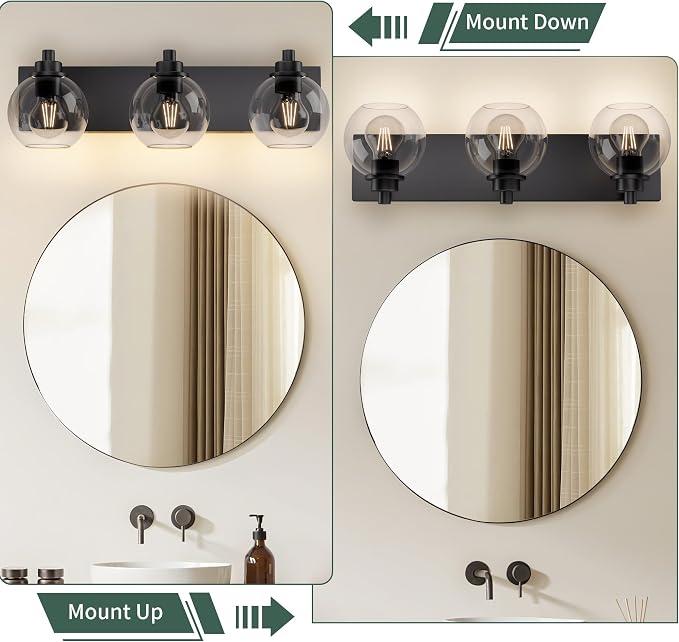 Bathroom Light Fixtures-Matte Black Vanity Lights for Bathroom, Modern Black Vanity Lights 3-Light Bathrooms Lighting Fixtures Over Mirror with Clear Glass Shade