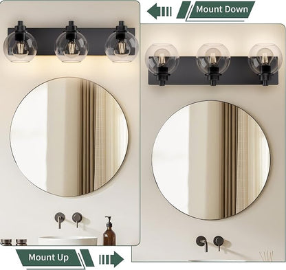 Bathroom Light Fixtures-Matte Black Vanity Lights for Bathroom, Modern Black Vanity Lights 3-Light Bathrooms Lighting Fixtures Over Mirror with Clear Glass Shade
