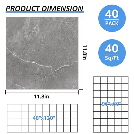 40 Sheet Vinyl Flooring 12”x12” Peel and Stick Floor Tile Waterproof Grey Marble Vinyl Floor Tiles Clearance Self Adhesive Floor Tiles Sticky Renter Laminate Flooring Stick on Bathroom Kitchen