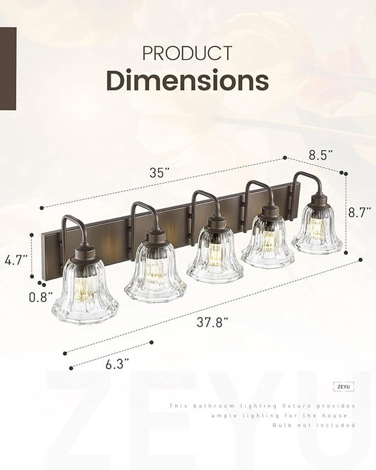 zeyu 37.8 Inch Bronze Wall Sconce Lights, Bathroom Light Fixtures, 5-Light Vanity Wall Sconce Over Mirror, Oil Rubbed Bronze Finish with Clear Striped Glass, ZJX117B-5W ORB