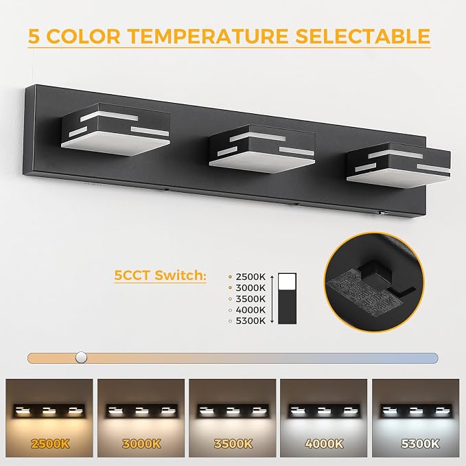 3-Light 5CCT Modern Bathroom Vanity Light Fixtures, 24-Inch 350° Rotatable LED Vanity Lights Over Mirror, Dimmable Matte Black Wall Sconce with Frosted Acrylic Shade