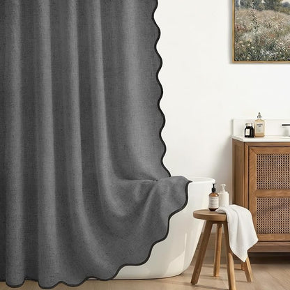 Scalloped Shower Curtain Linen Boho Flax Dark Gray 72" W x 72" L | Linen Fabric, Black Border, Washable, Heavy Duty Cloth, Shower Curtain for Boho Farmhouse Bathroom Bathtub