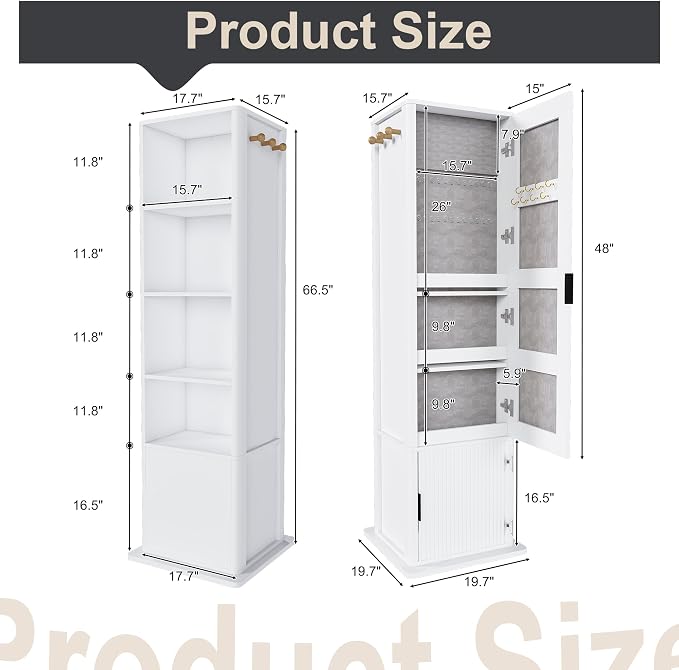 360° Swivel Jewelry Cabinet, Rotatable Jewelry Organizer Armoire Standing with Full Length Mirror, Makeup Cabinet with Jewelry Storage, Coat Rack, 4 Open Shelves and 2 Built-in Cabinets, White
