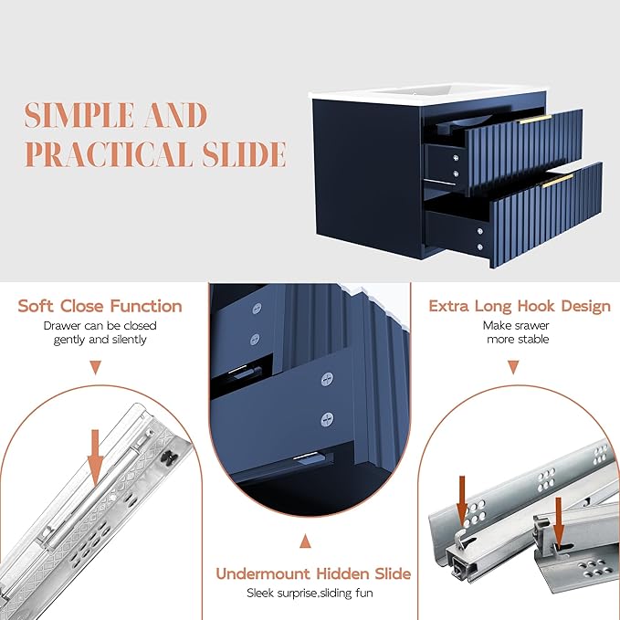 30" Bathroom Vanity with Sink, Floating Vanity Bathroom Sink Cabinet Wall Mount, Soft-Close Function 2 Large Drawers, Grooved Stripe Design, Hidden Damping Drawers, Blue