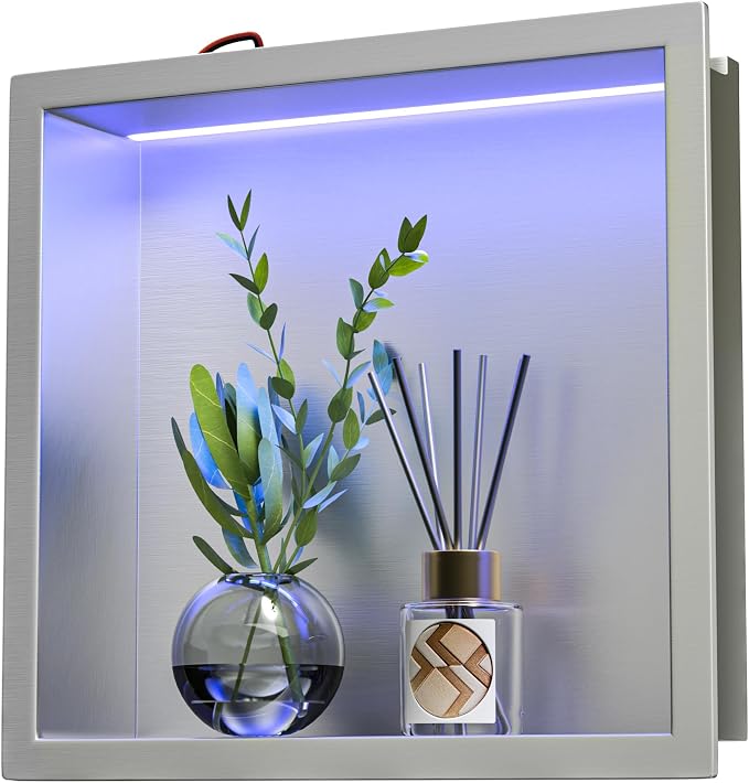 Stainless Steel LED Shower Niche 12" X 12" Brushed with RGB Light Waterproof Hardwired Dimmable No Tile Needed Recessed Wall Niche Shower for Bathroom Storage Over Mount Installation