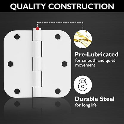 Door Hinges for Interior Doors 12-Pack 3.5-inch x 3.5-inch – Rounded 5/8-inch Radius Steel Door Hinge – Painted White – Fits Standard Doors – Design House 189787