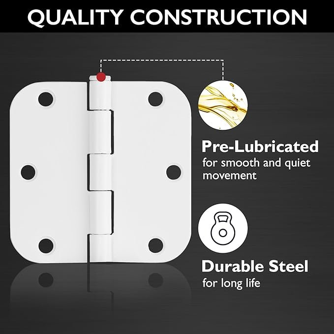 Design House Door Hinges for Interior Doors 6-Pack 3.5-inch x 3.5-inch – Rounded 5/8-inch Radius Steel Door Hinge – Painted White – Fits Standard Doors – Design House 189605