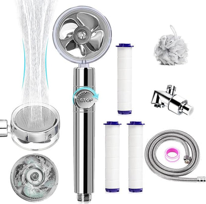 Turbocharged Handheld Shower Head, High Pressure Water Saving Handheld Propeller Showerhead with Filters Pause Switch Hydro Jet Easy Install