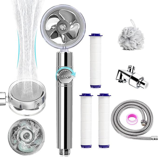 Turbocharged Handheld Shower Head, High Pressure Water Saving Handheld Propeller Showerhead with Filters Pause Switch Hydro Jet Easy Install
