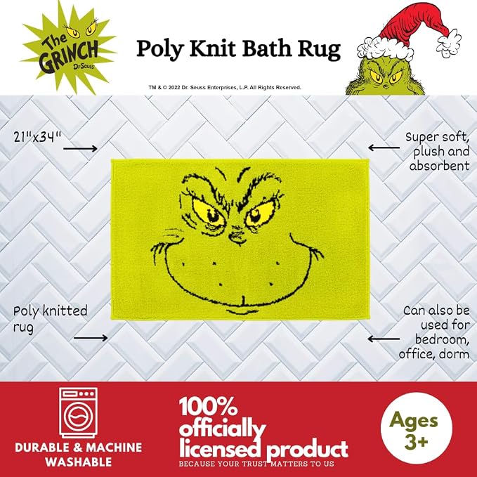 Collectibles Grinch by Dr. Seuss Holiday & Christmas Non Slip Plush Poly Knit Bathroom Mat Rug, 21x34, (Officially Licensed Product) by Franco
