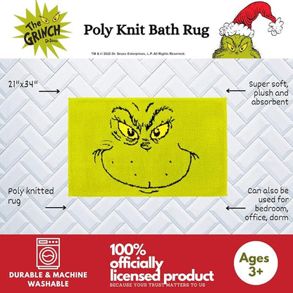 Collectibles Grinch by Dr. Seuss Holiday & Christmas Non Slip Plush Poly Knit Bathroom Mat Rug, 21x34, (Officially Licensed Product) by Franco