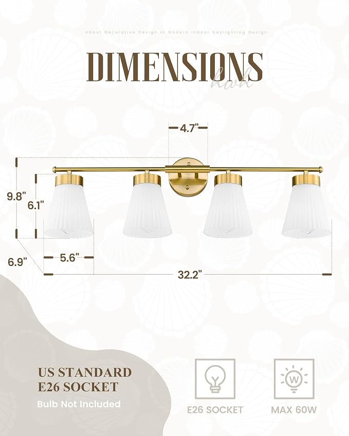 Bathroom Light Fixtures Brushed Gold, HWH 4 Light Vanity Lights Over Mirror, Modern Wall Lamp Bathroom Lighting with Frosted White Striped Glass, 5HZG97B-4W BG