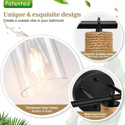 MOKATNG Bathroom Light Fixtures, 3-Light Farmhouse Vanity Lights with Hemp Rope, Black Bathroom Wall Lamp for Mirror Kitchen Hallway Cabinet