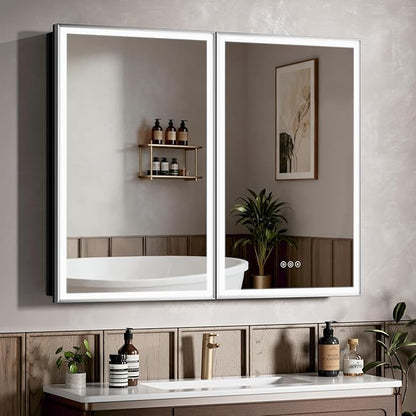 40X32 Inches Framed Medicine Cabinet with Lights, Bathroom Medicine Cabinet with 3-Color/Dimmable, Anti-Fog, Plug-in & Hardwired, Surface Mount & Recessed