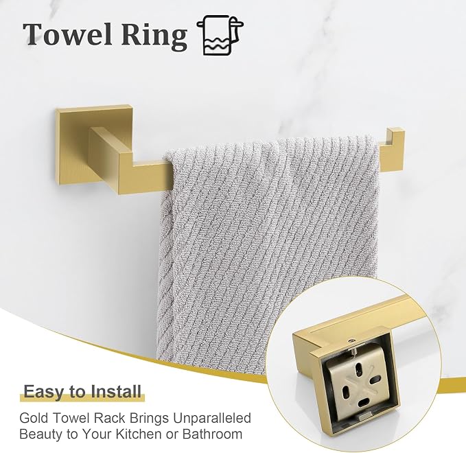 TURS Brushed Gold 10-Piece Bathroom Hardware Set Towel Bar Set SUS304 Stainless Steel Towel Racks for Bathroom Wall Mounted, 23.6-Inch