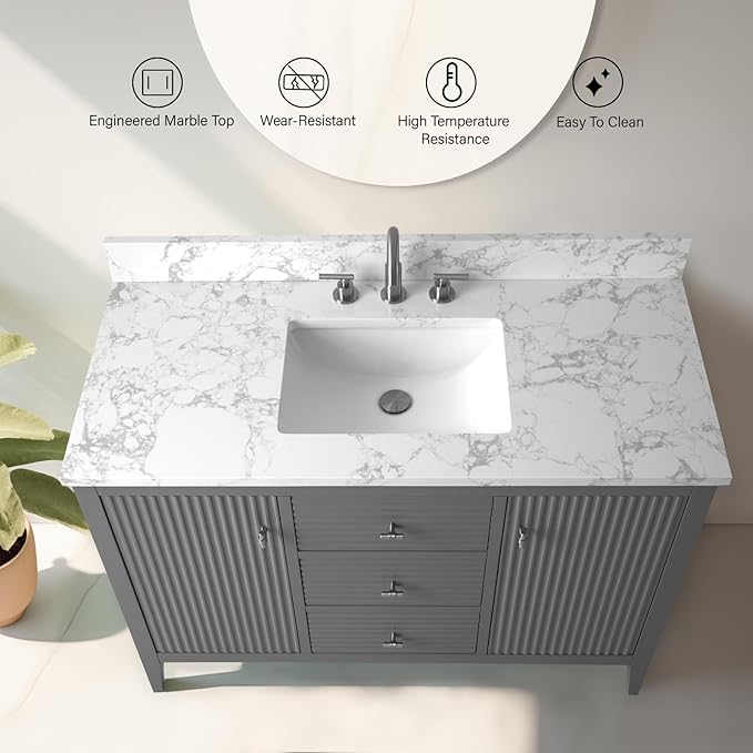 Vanity Art 48 inch Bathroom Vanity with Single Sink & Ceramic Top, Vanity Cabinet with Soft-Closing Door, Solid Wood Frame, Linear Pattern, Cashmere Gray, Golden Brushed Handware VA9148-G-GB