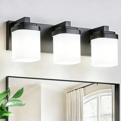 Vanity Lights for Bathroom, Modern Farmhouse Lighting Fixtures | 3-light black bathroom light fixtures over mirror, 17 inches bathroom light wall sconce with milky white square glass shade
