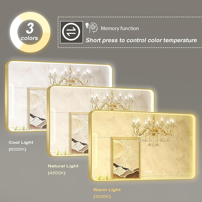 LED Mirror for Bathroom 48X28 Inch Gold Framed with Anti-Fog, Stepless Dimmable, Front Lit, LED Bathroom Vanity Mirror for Wall, Memory Function, Shatter-Proof