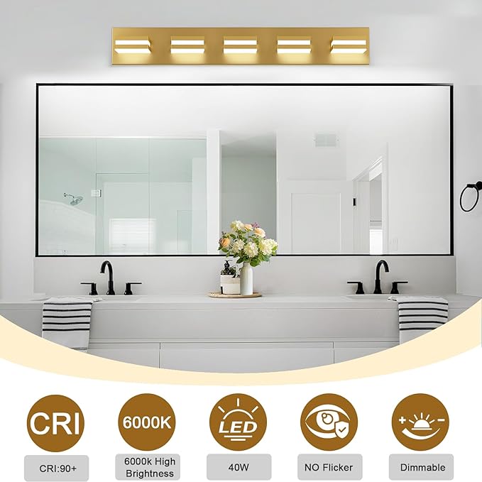 IZORRO LED Modern Bathroom Lights Fixtures(5-Light,Dimmable),Gold Acrylic Wall Lighting,Vanity Lights for Bathroom Over Mirror - 6000k 30In （No Assembly Required）