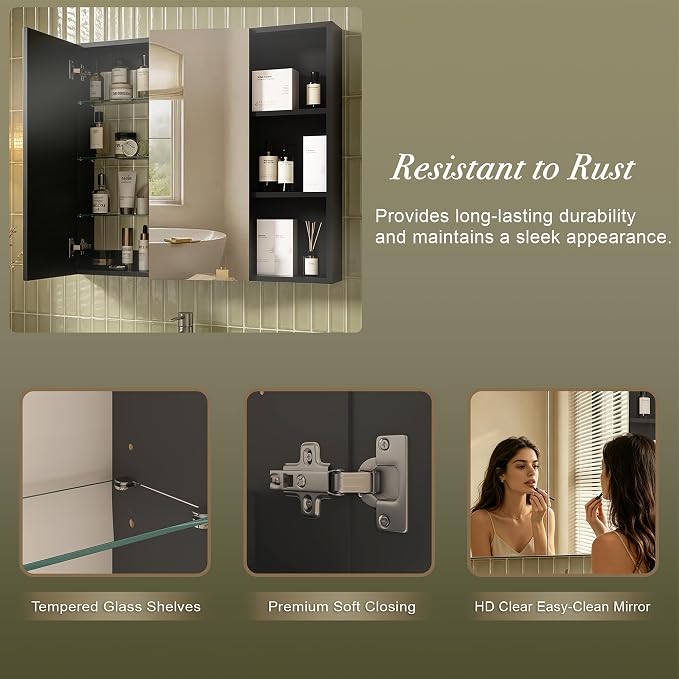 FKWin Double Door Medicine Cabinet Mirror, Wall Mount Bathroom Cabinet | Double Door Modern Surface Mount Medicine Cabinet, More Storage, Adjustable Shelves, Soft Close Hinges, Black, 33x29 Inch
