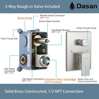 DASAN Tub Shower Faucets Sets Complete Brushed Nickel Bathtub Shower System with Waterfall Tub Spout, Bathtub Faucet Set Tub and Shower Faucet Combo Trim Kit with Valve, DA-SS04BN-S10W