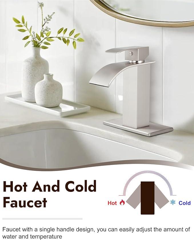 Midanya Bathroom Faucet with Waterfall Spout, Single Hole or 3-Hole Deck Mount, 304 Stainless Steel Sink Faucet with Pop-Up Drain, RV Vanity Compatible,Brushed Nickel